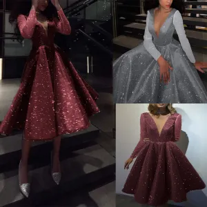 10813-SW23 new sequin long sleeve deep-v sexy evening gown dress elegant party for women sehe fashion