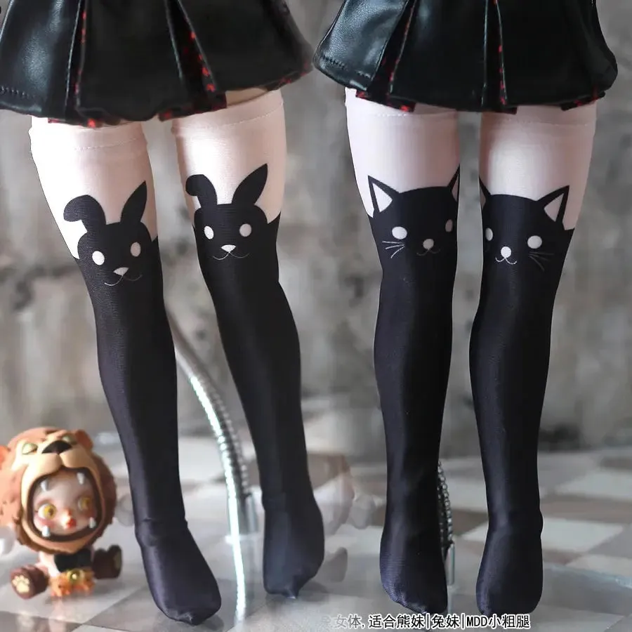 1/3 1/4 BJD Doll Retro Black Cat & Rabbit Over Knee Socks - Cute Print Doll Accessories