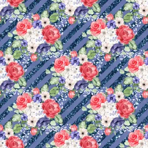 4th of July Floral on Stripes Fabric - Blue