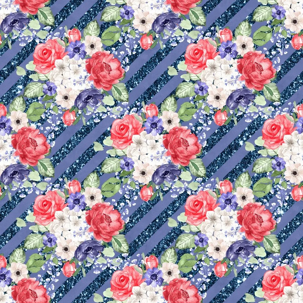 4th of July Floral on Stripes Fabric - Blue