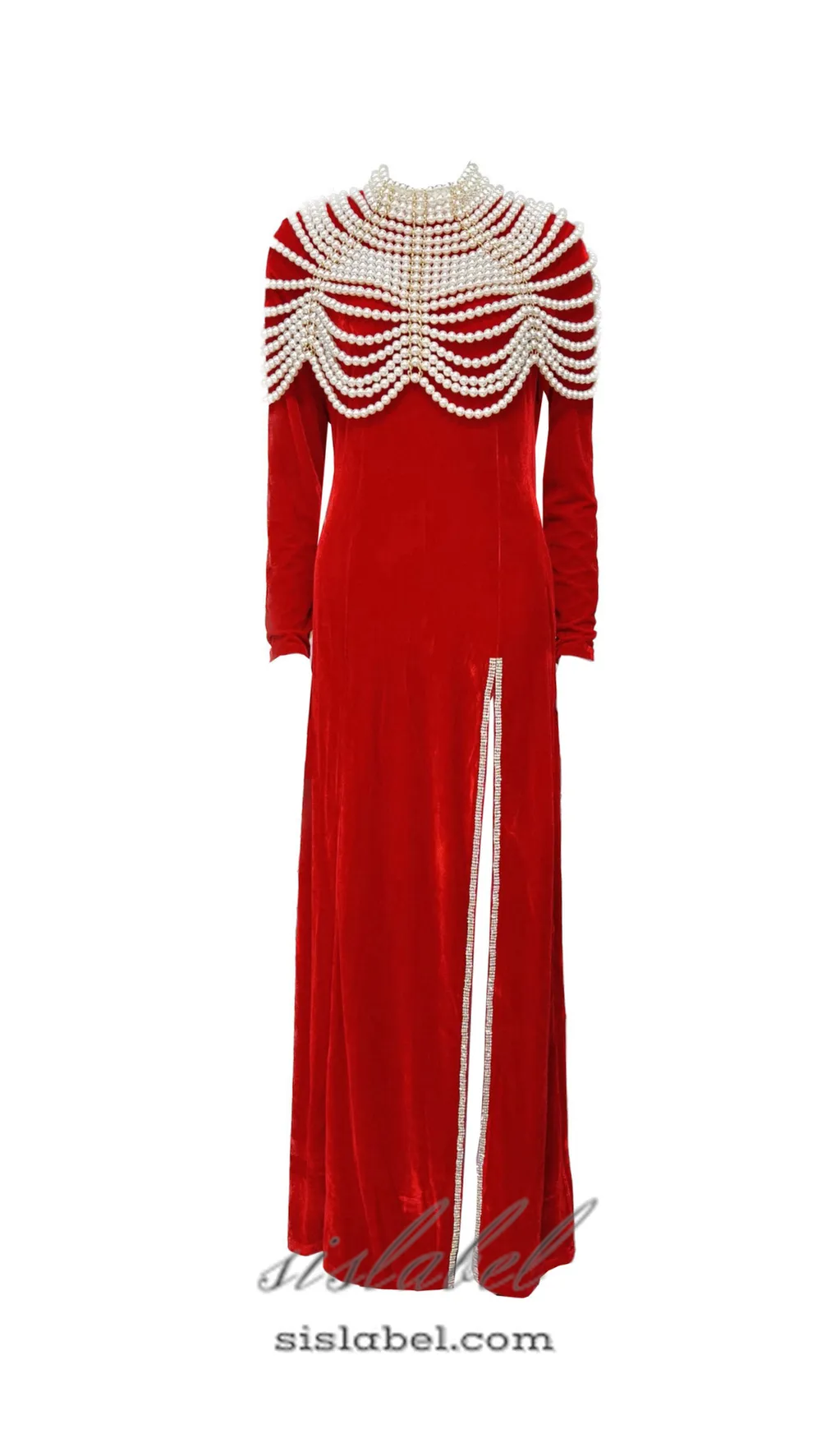 AALIYAH PEARL EMBELLISHED VELVET MAXI DRESS IN RED