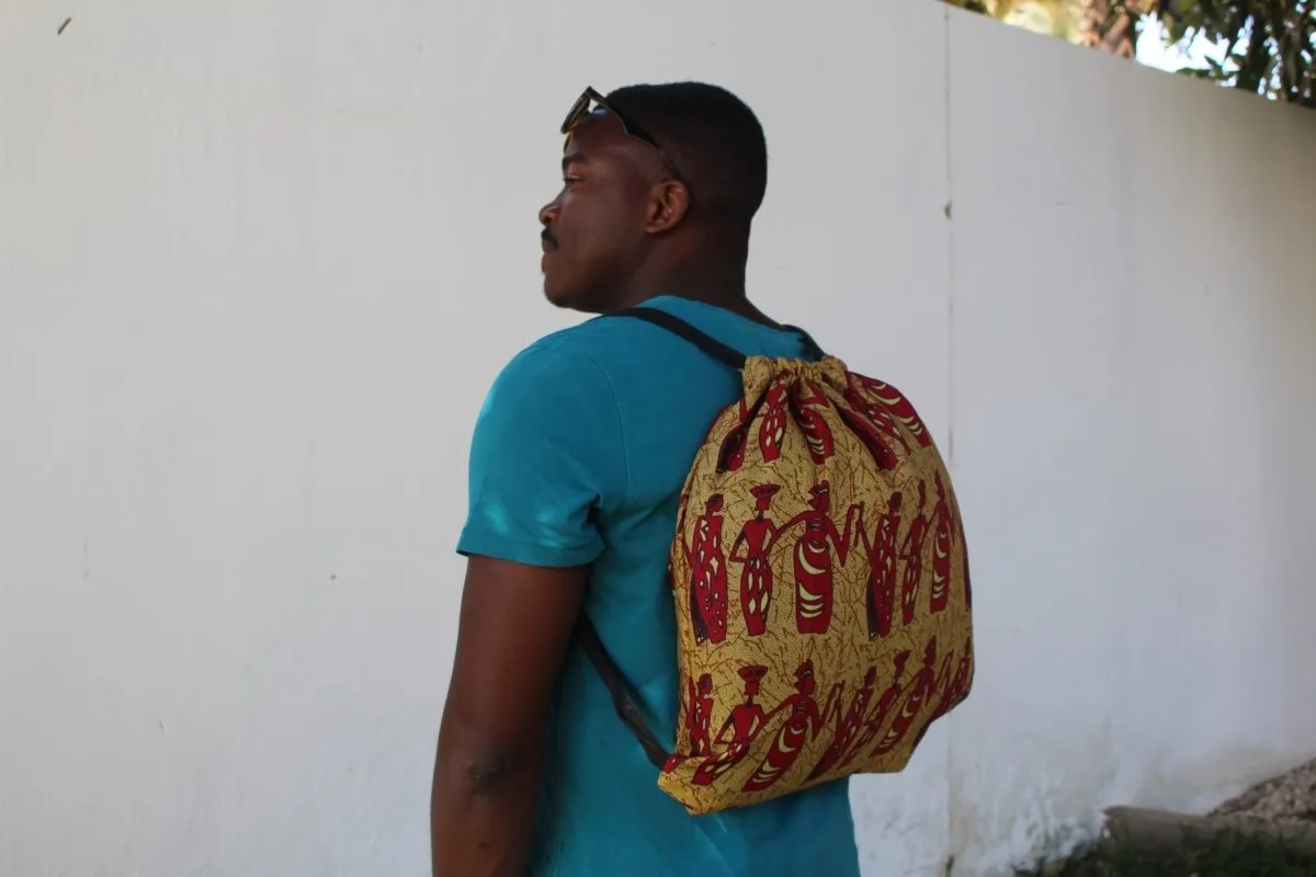 African Print String Bag in Brown Tribal Print