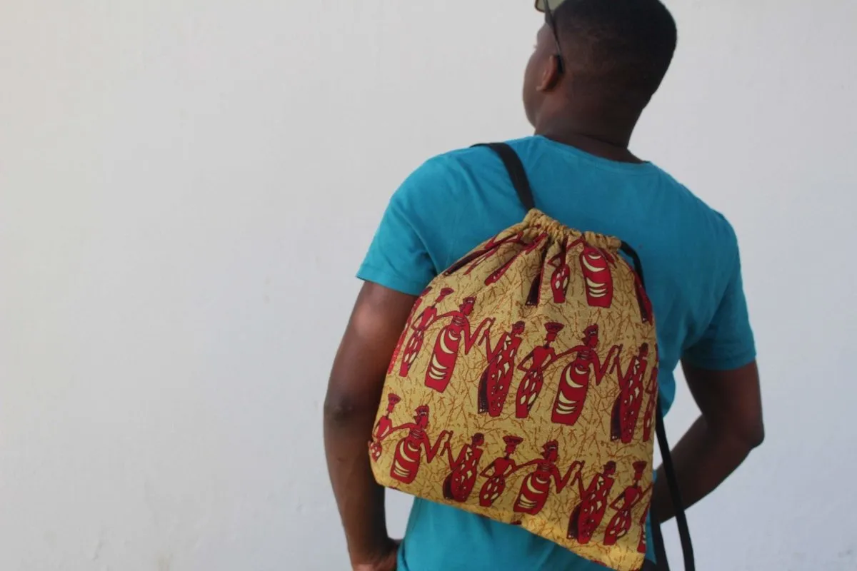 African Print String Bag in Brown Tribal Print