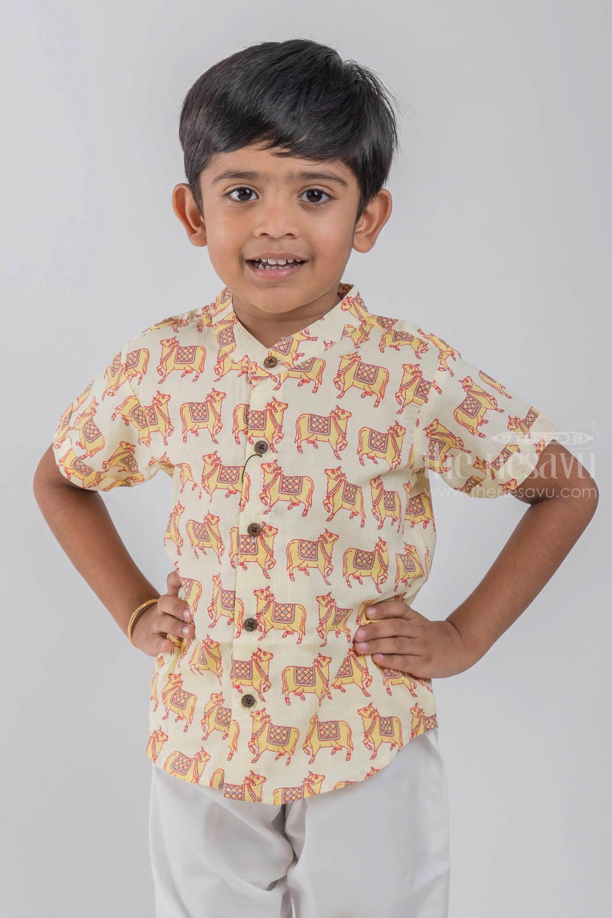 AFV. Graceful Boys' Ethnic Shirt featuring Pichwai Cow Print | Nesavu | Pay Homage to Art and Culture