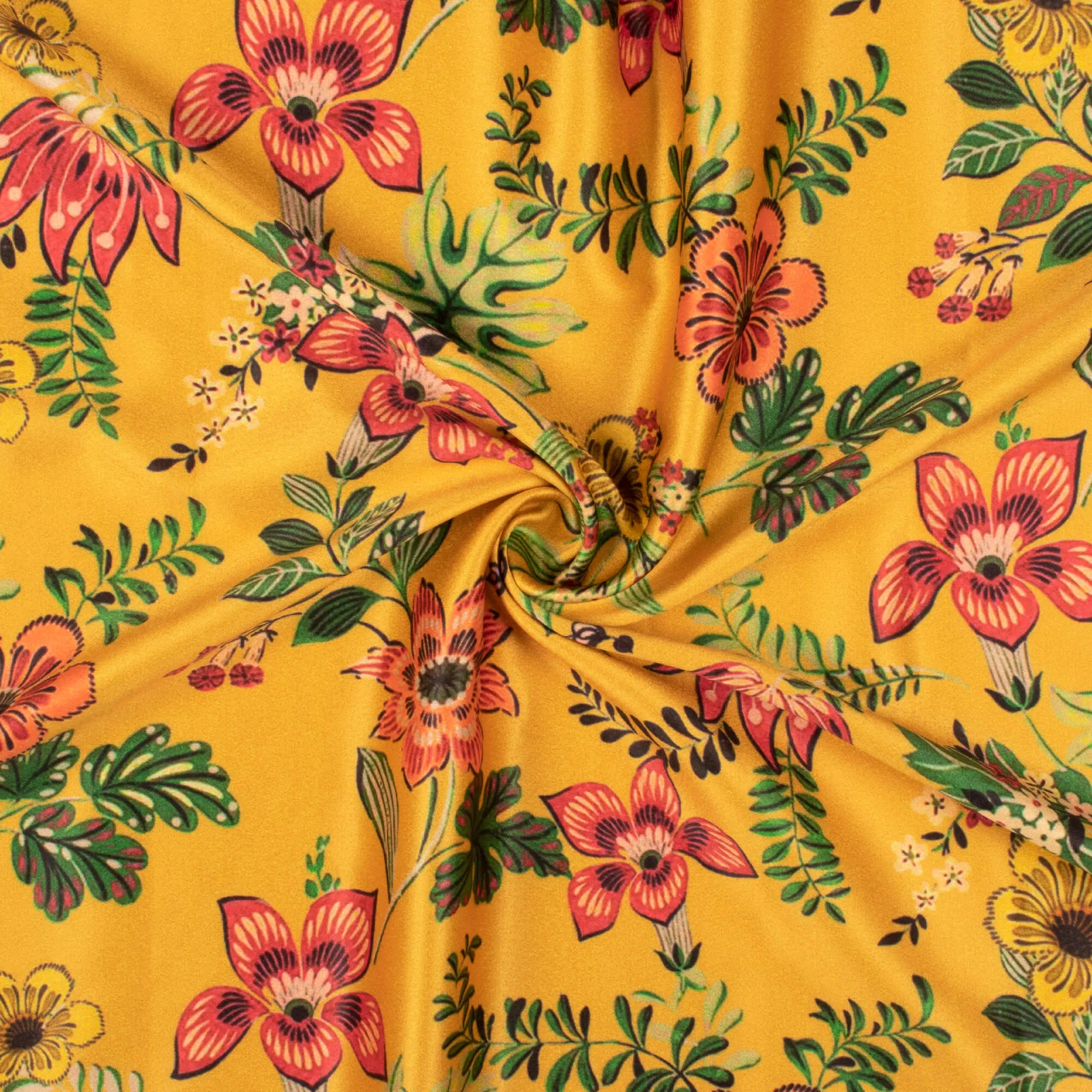 Amber Yellow And Crimson Red Floral Pattern Digital Print Lush Satin Fabric