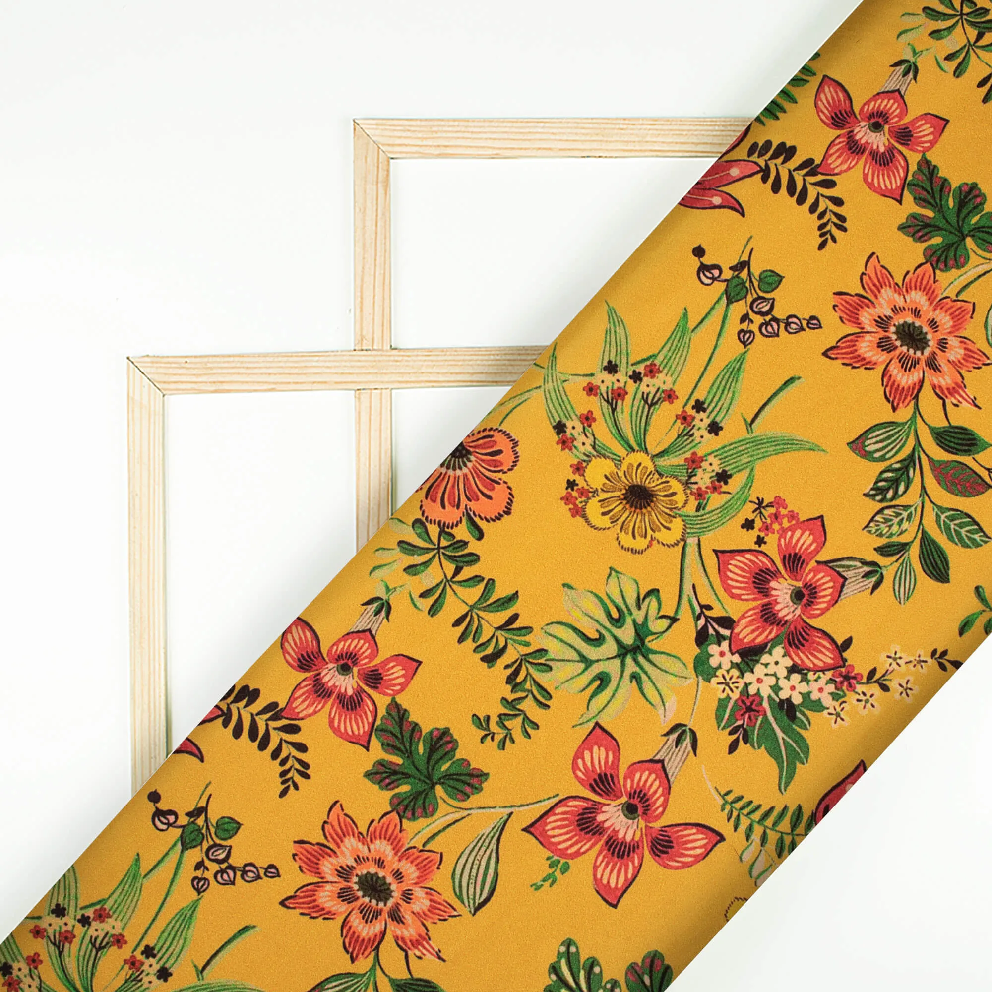 Amber Yellow And Crimson Red Floral Pattern Digital Print Lush Satin Fabric