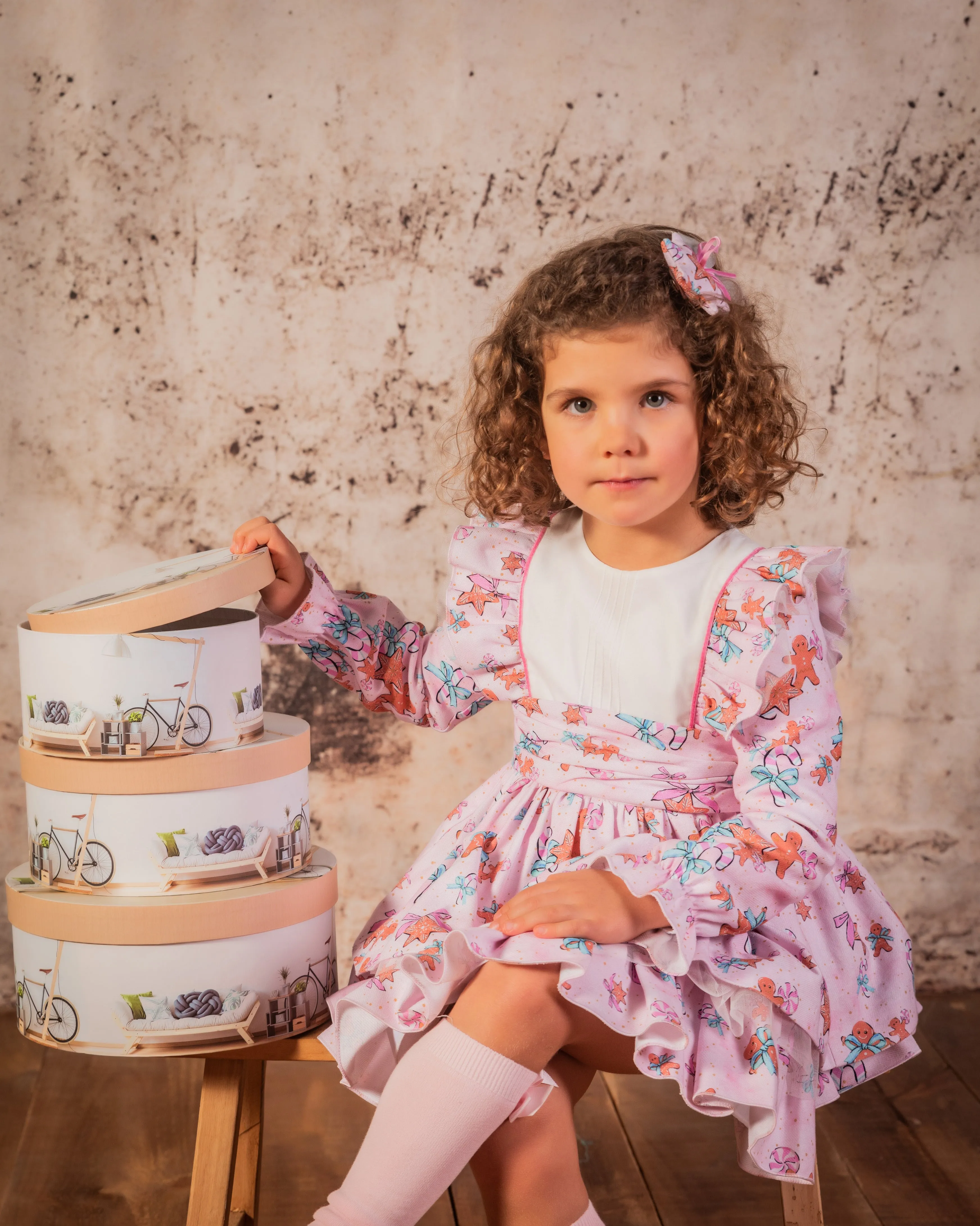 Babine AW24 - Girls Pink Print Gingerbread Dress & Headpiece