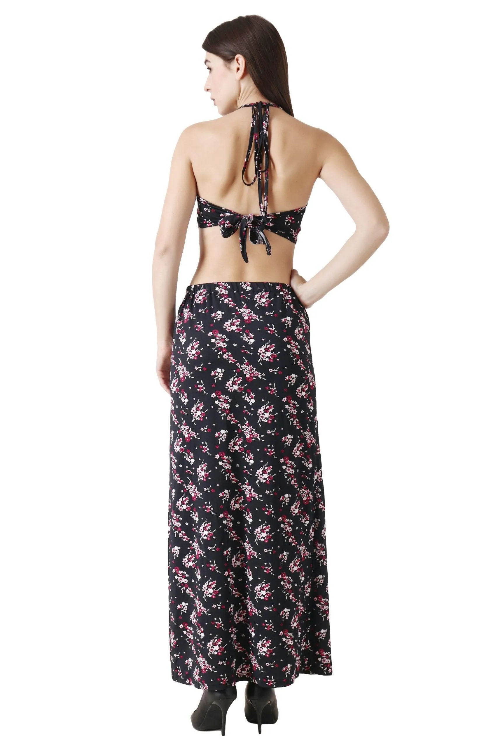 Black Floral Printed Maxi Dress with Side Cutouts