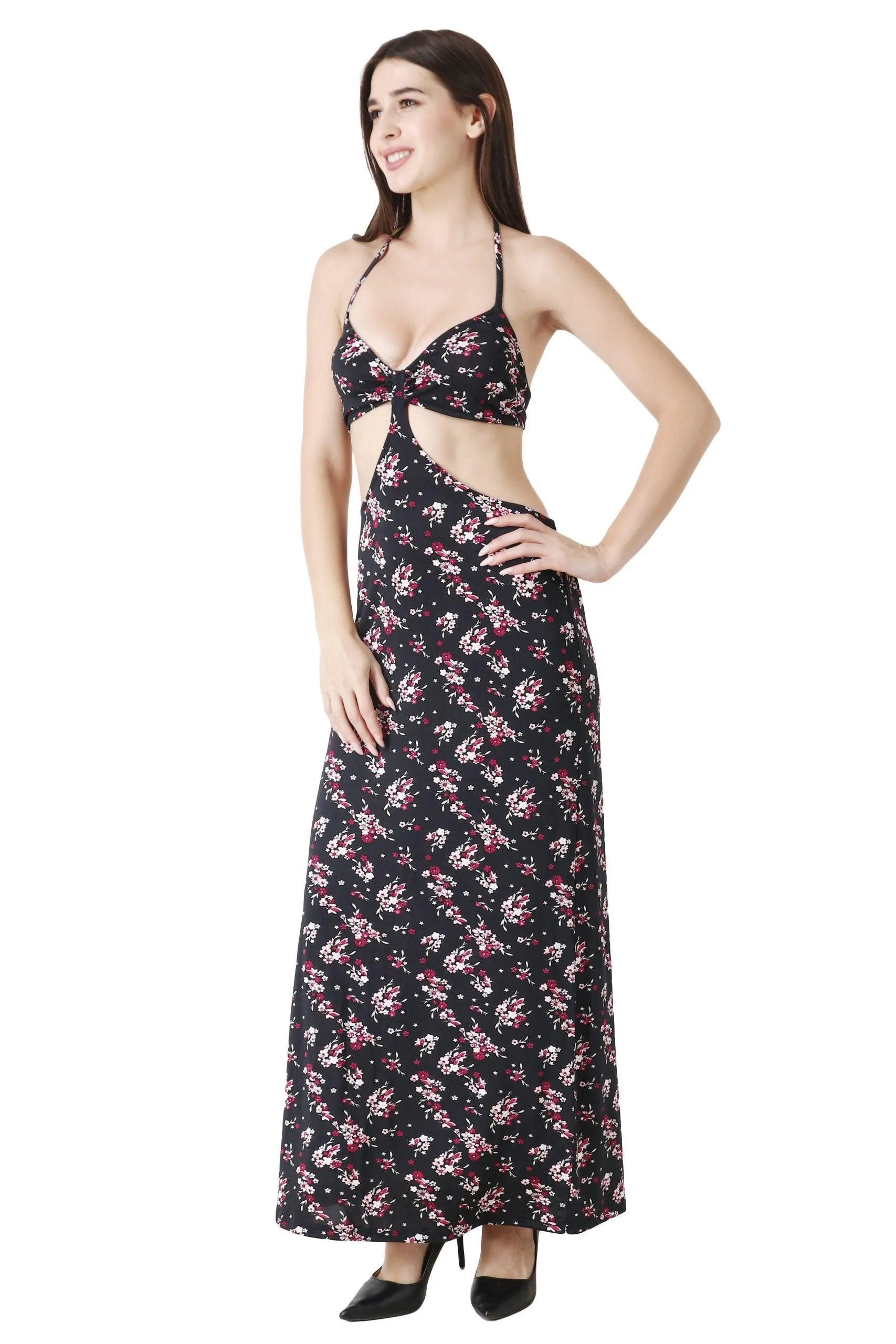 Black Floral Printed Maxi Dress with Side Cutouts