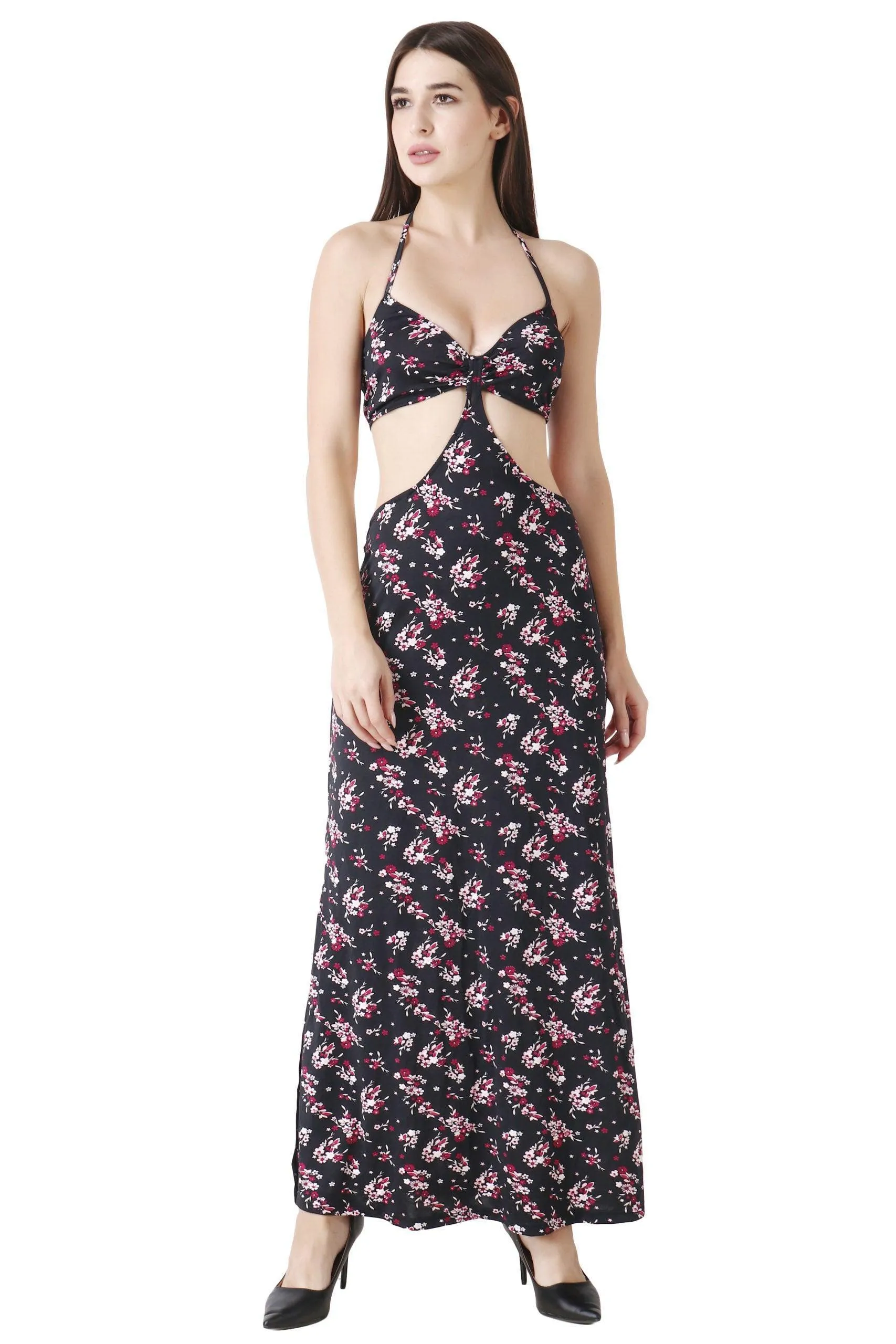 Black Floral Printed Maxi Dress with Side Cutouts