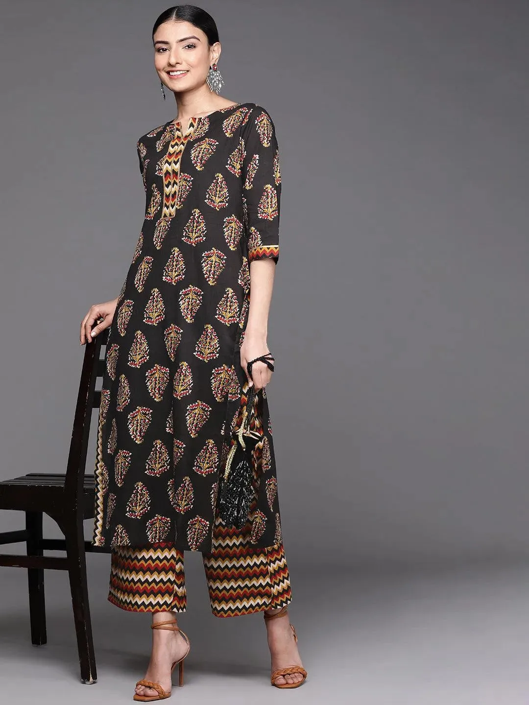 Black Printed Cotton Kurta