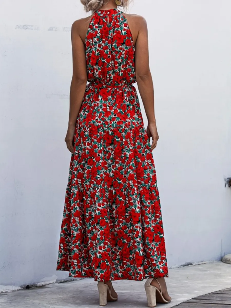 Boho Halter Floral Printed Mini Dresses in Red