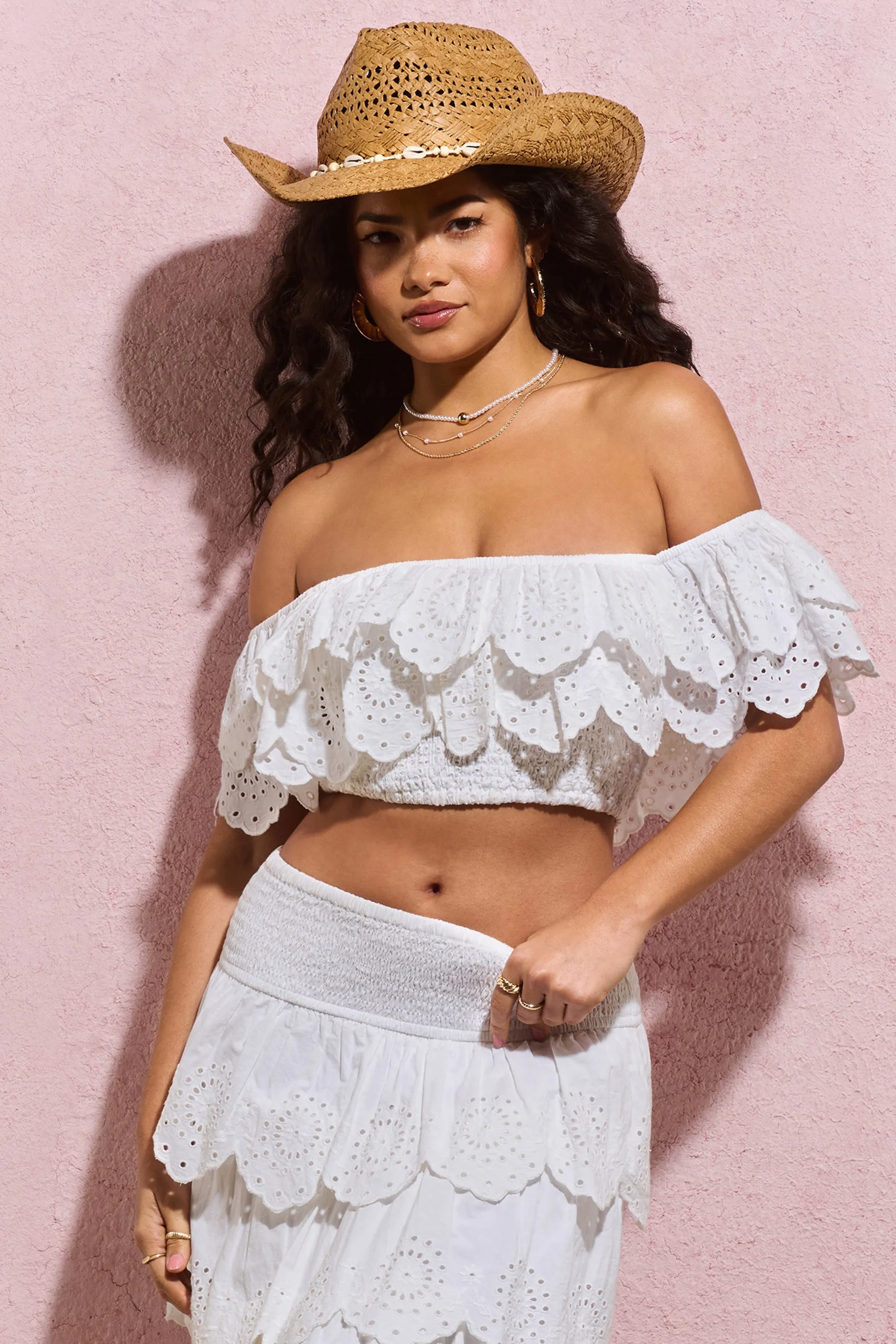 Breathtaking | White Broderie Ruffled Bardot Crop Top