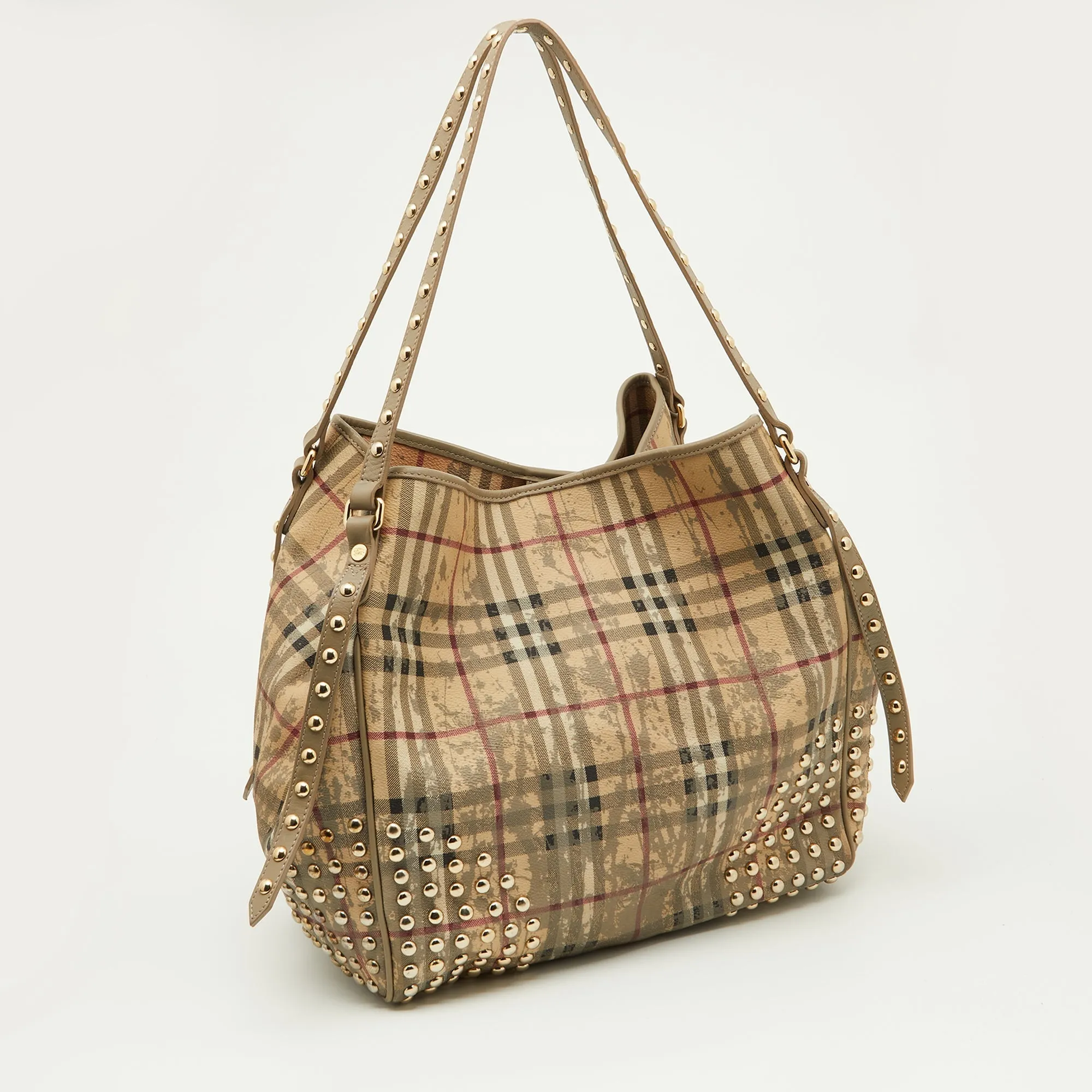 BURBERRY Beige/Grey Haymarket Check Coated Canvas And Leather Studded Special Edition Canterbury Tote