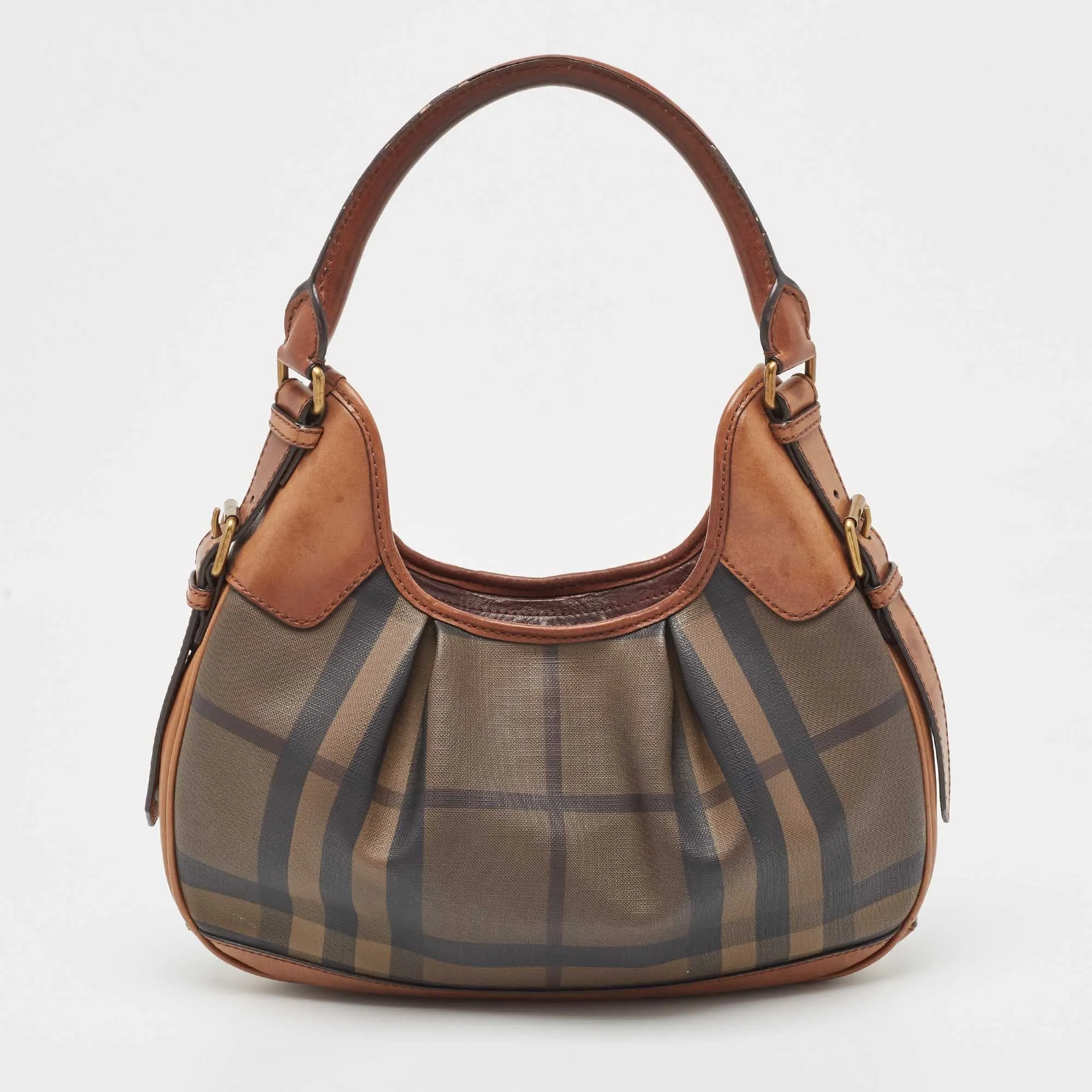 BURBERRY Dark Tan Smoked Beat Check Coated Canvas Small Brooklyn Hobo