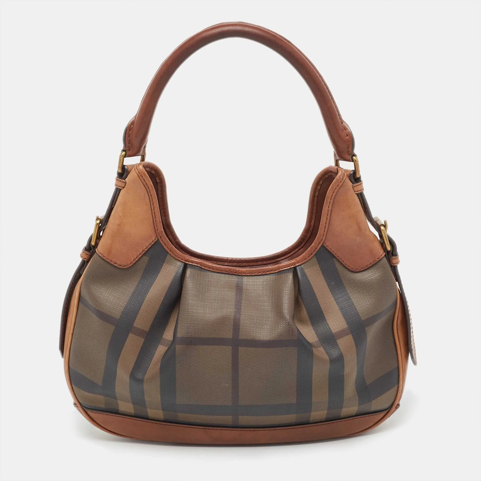 BURBERRY Dark Tan Smoked Beat Check Coated Canvas Small Brooklyn Hobo