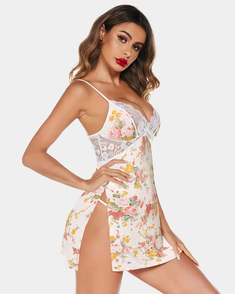 Butterfly Print Lace Side Slit Babydoll