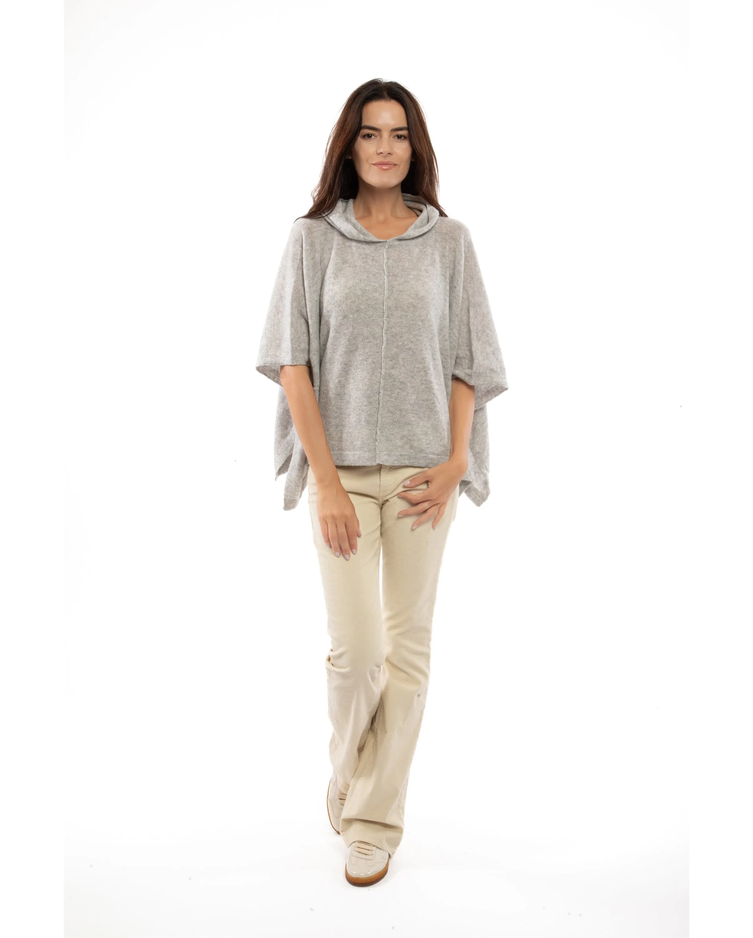 Cashmere Button Hoodie Poncho Light Gray