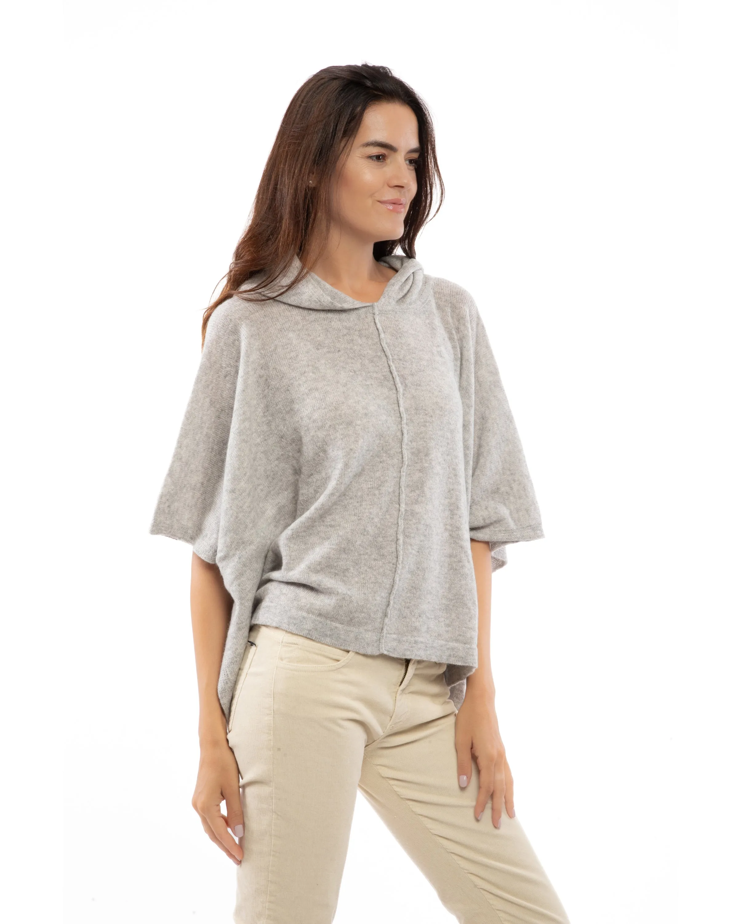 Cashmere Button Hoodie Poncho Light Gray