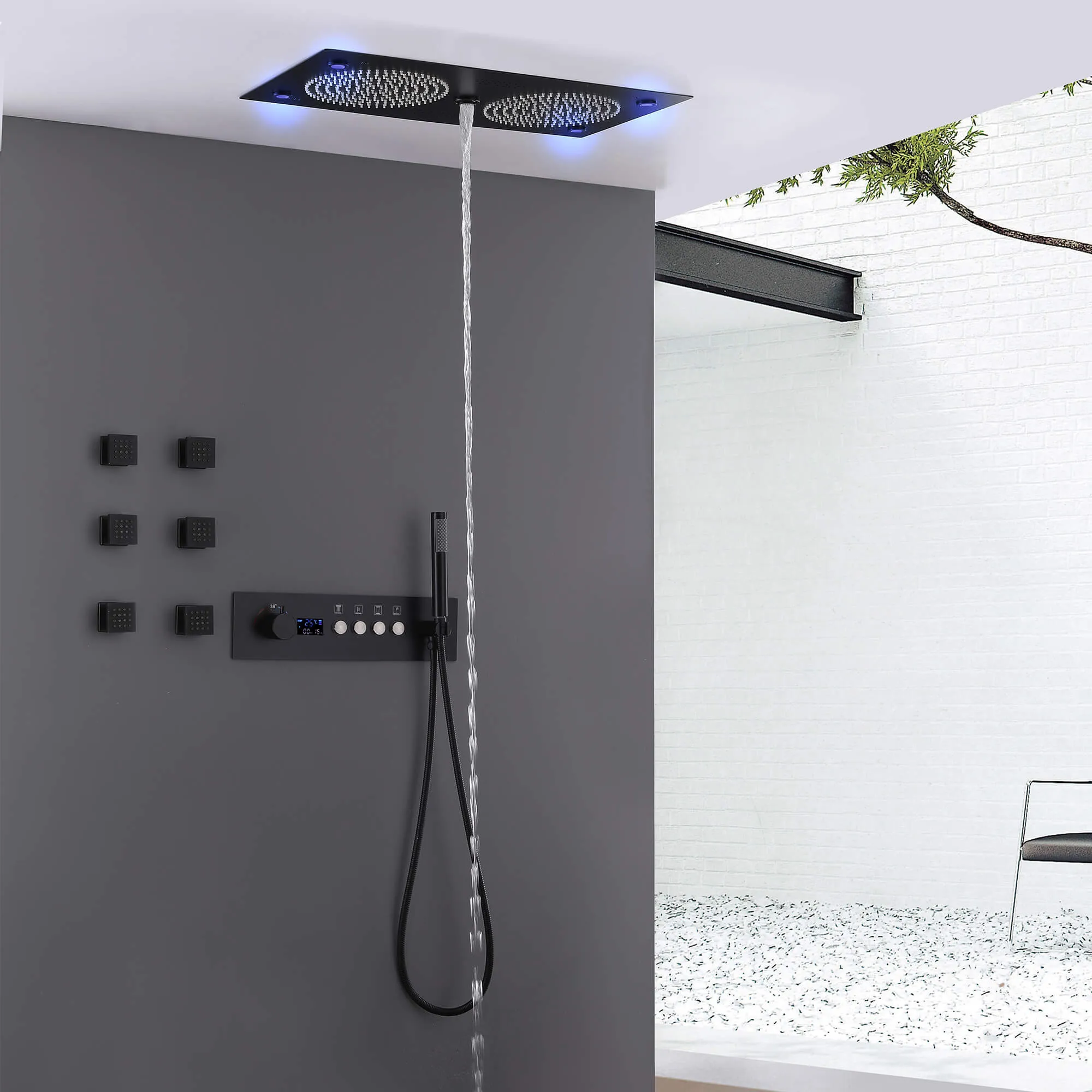 Ceiling Mount Dual Shower Head System for Couples LED Digital Display Thermostatic Shower Faucet JK0127