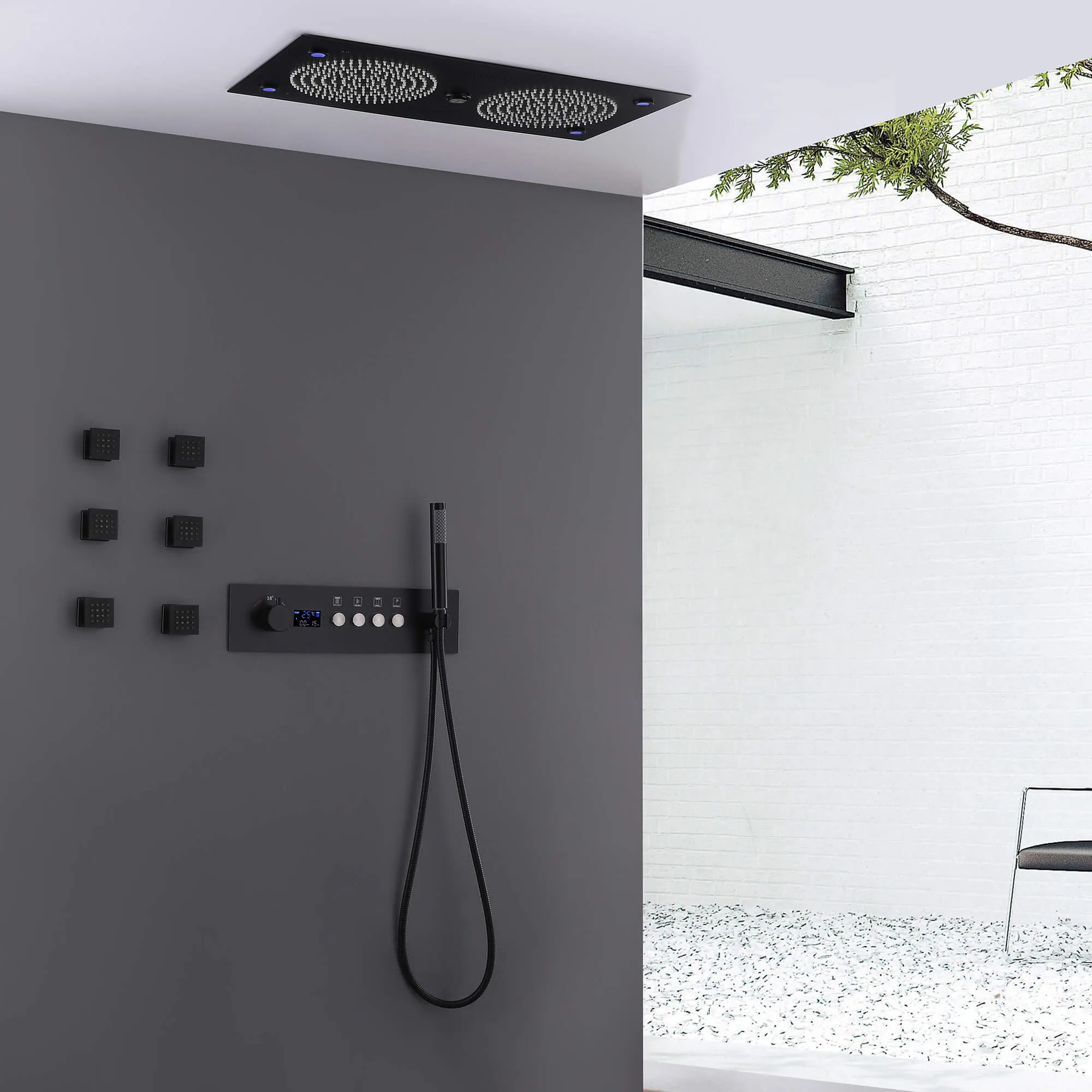 Ceiling Mount Dual Shower Head System for Couples LED Digital Display Thermostatic Shower Faucet JK0127