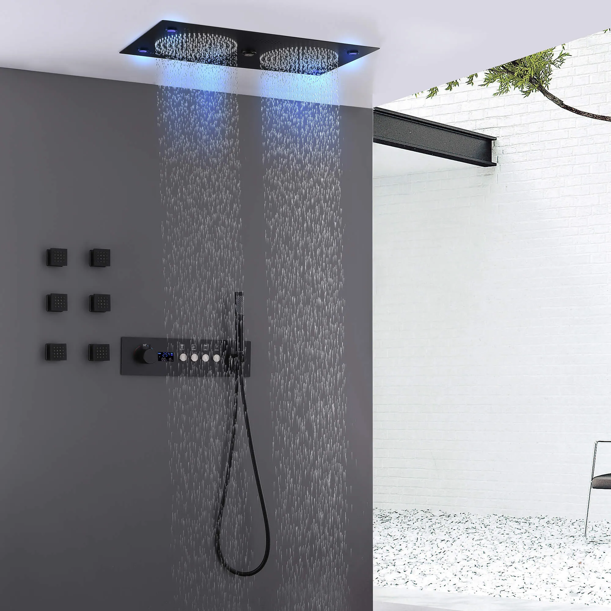 Ceiling Mount Dual Shower Head System for Couples LED Digital Display Thermostatic Shower Faucet JK0127