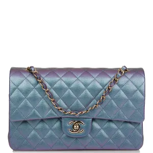 Chanel Medium Classic Double Flap Bag Blue Iridescent Caviar Light Gold Hardware