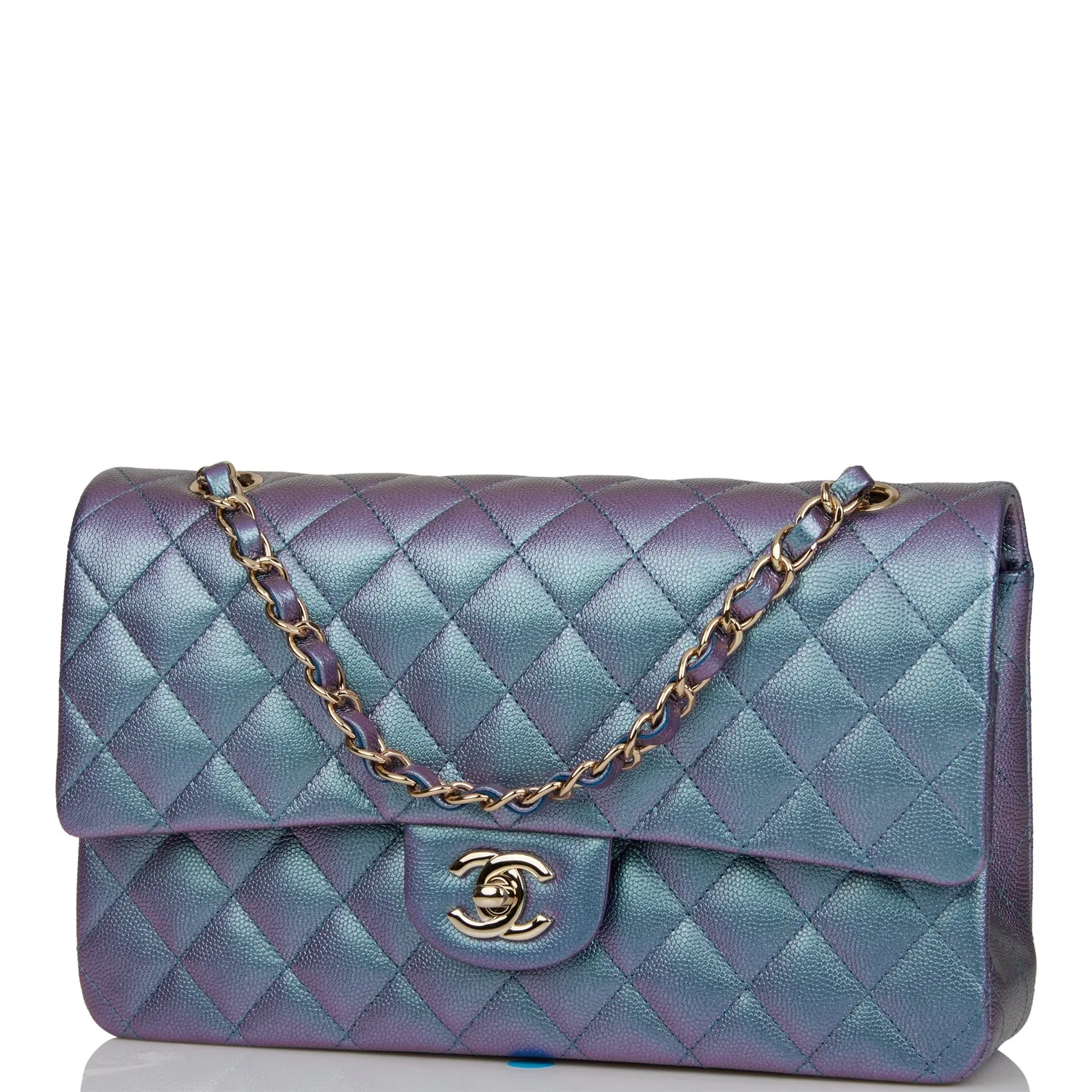 Chanel Medium Classic Double Flap Bag Blue Iridescent Caviar Light Gold Hardware