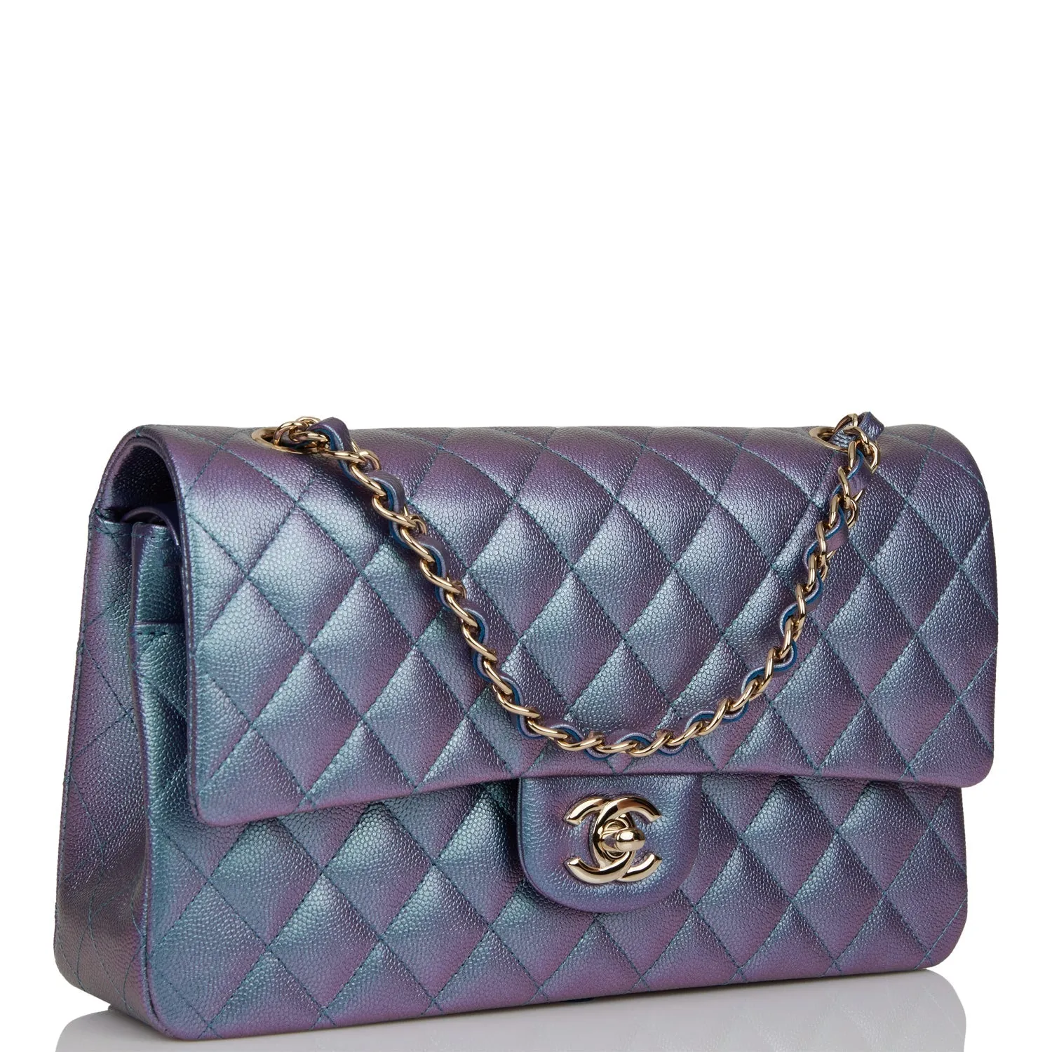 Chanel Medium Classic Double Flap Bag Blue Iridescent Caviar Light Gold Hardware