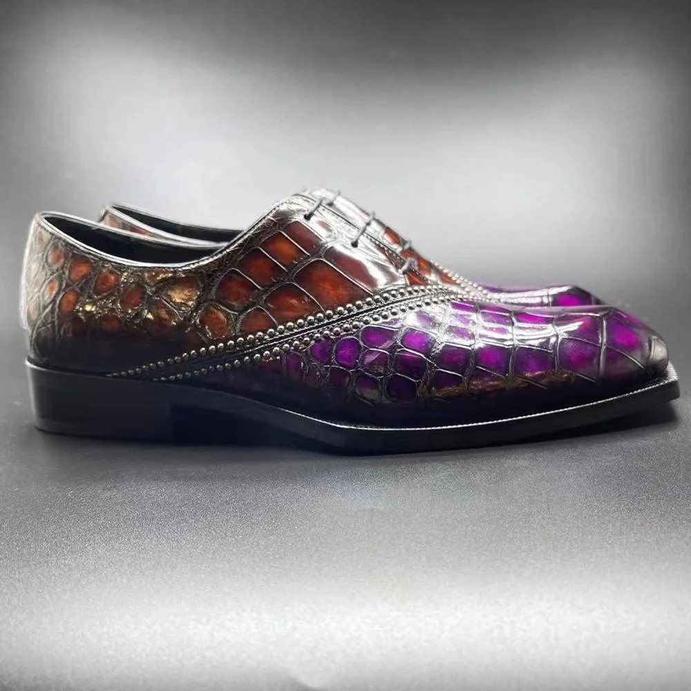 Crocodile Shoes Genuine Crocodile Leather Mens Lace up Dress Shoes Hand Painted Vintage Brown/ Purple