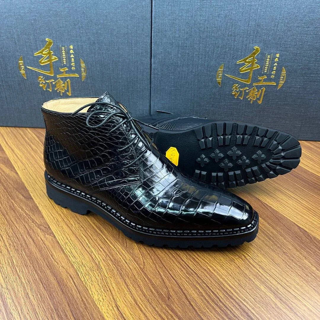 Crocodile Shoes Men's Crocodile Leather Dress Shoes Lace Up Ankle Boots