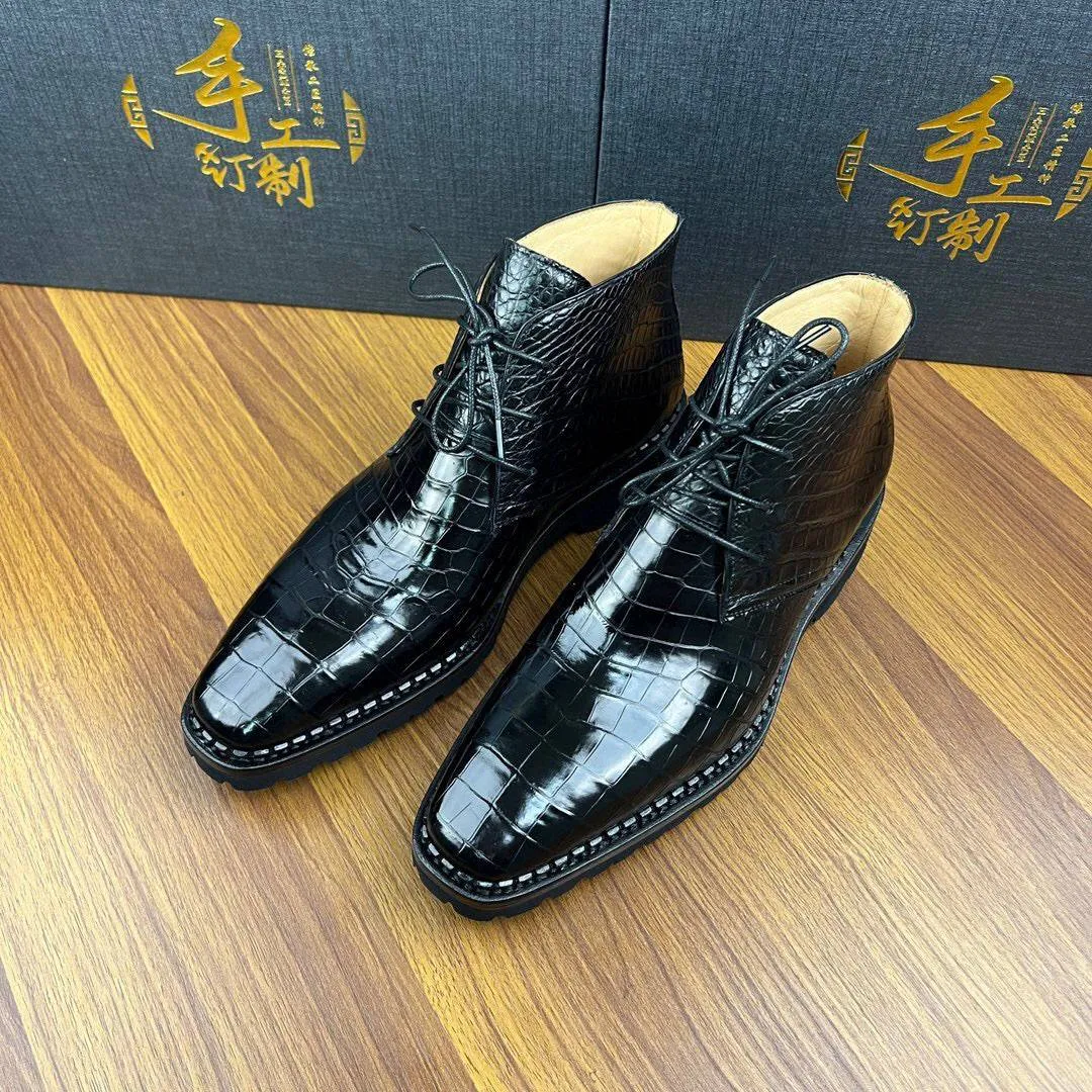 Crocodile Shoes Men's Crocodile Leather Dress Shoes Lace Up Ankle Boots