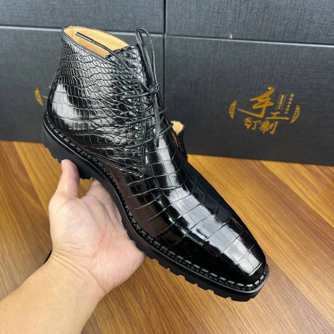 Crocodile Shoes Men's Crocodile Leather Dress Shoes Lace Up Ankle Boots