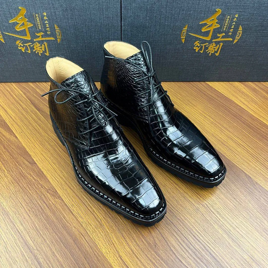 Crocodile Shoes Men's Crocodile Leather Dress Shoes Lace Up Ankle Boots