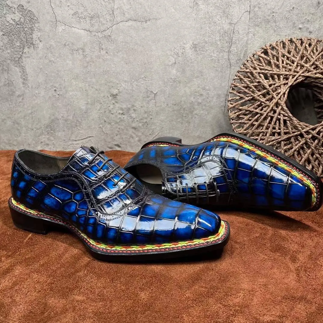 Crocodile Shoes Men's  Crocodile Leather  Norwegian Stitching Lace Up Dress Shoes Vintage Blue