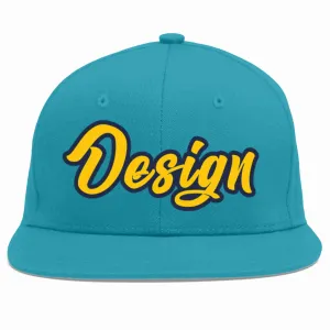 Custom Aqua Gold-Navy Flat Eaves Sport Baseball Cap Design for Men/Women/Youth