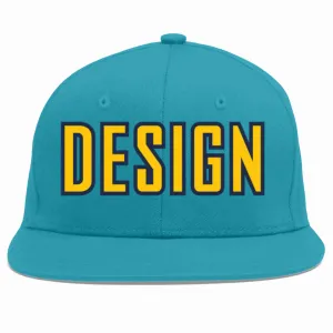 Custom Aqua Gold-Navy Flat Eaves Sport Baseball Cap Design for Men/Women/Youth