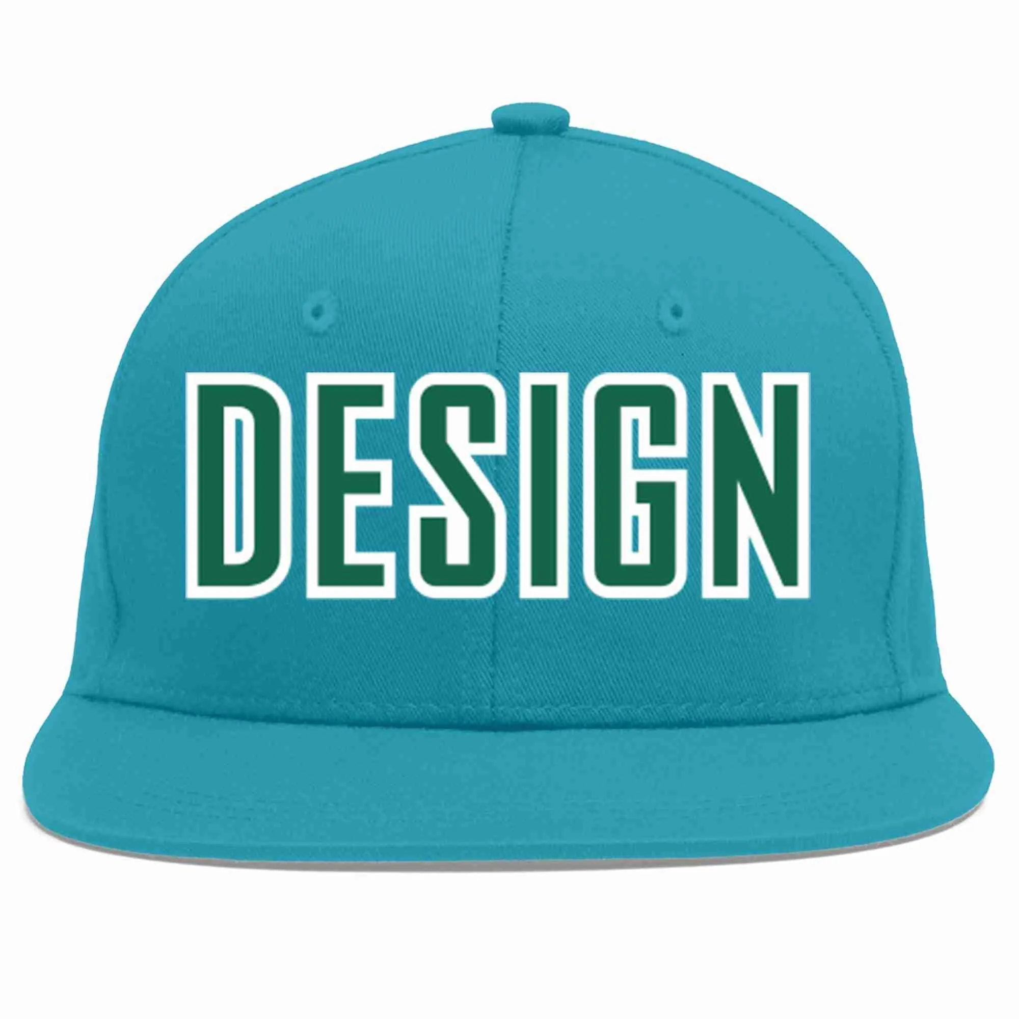 Custom Aqua Kelly Green-White Flat Eaves Sport Baseball Cap Design for Men/Women/Youth