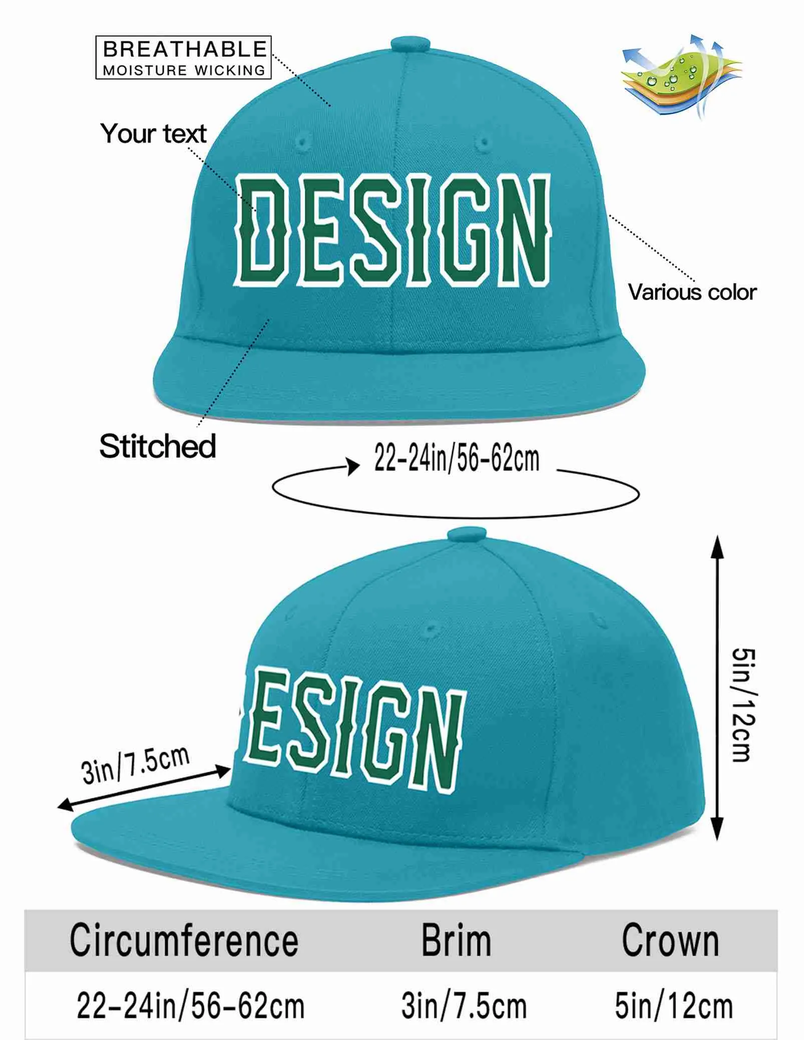 Custom Aqua Kelly Green-White Flat Eaves Sport Baseball Cap Design for Men/Women/Youth