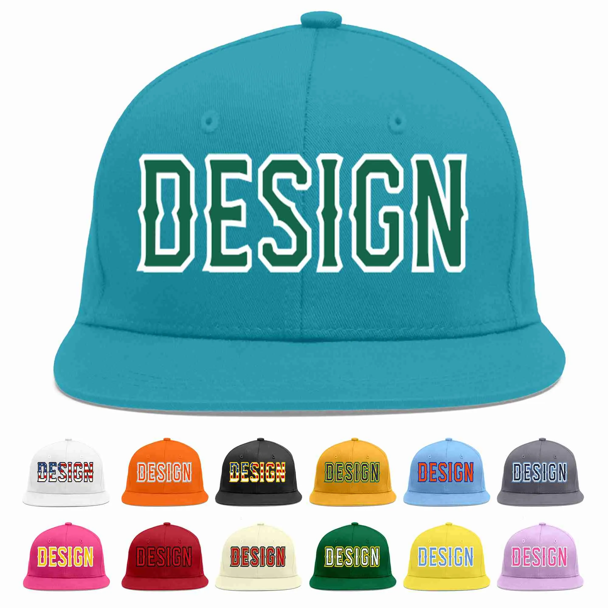 Custom Aqua Kelly Green-White Flat Eaves Sport Baseball Cap Design for Men/Women/Youth