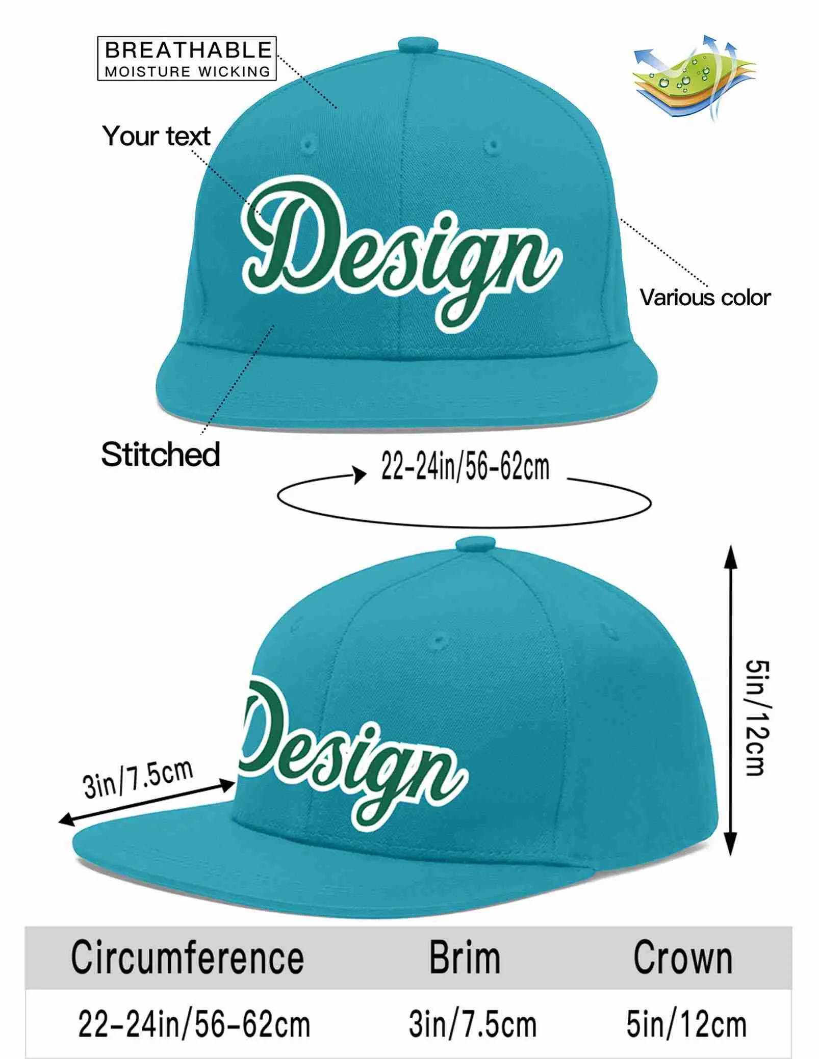 Custom Aqua Kelly Green-White Flat Eaves Sport Baseball Cap Design for Men/Women/Youth