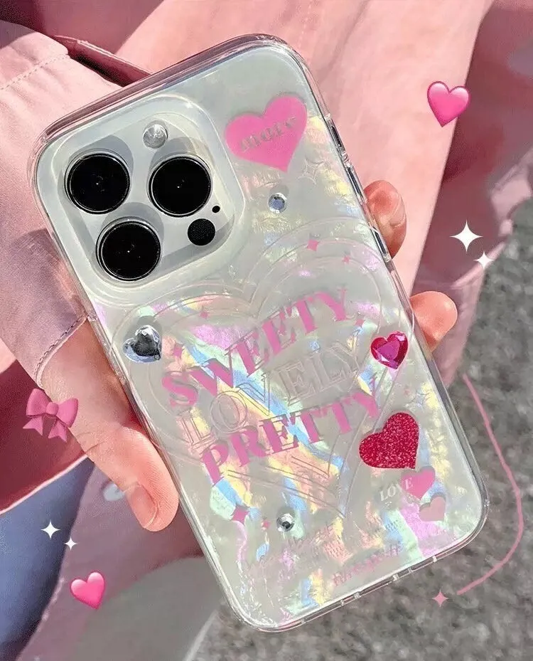 Cute White Pearlescent Holographic with Words of Inspiration Sweety Pretty Design Protective Phone Case for iPhone 11 12 13 14 15 Pro Max