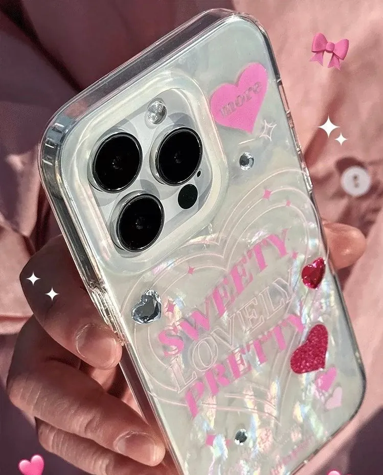 Cute White Pearlescent Holographic with Words of Inspiration Sweety Pretty Design Protective Phone Case for iPhone 11 12 13 14 15 Pro Max