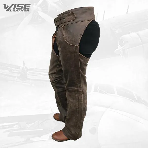 Distressed Rustic Brown Buffalo Leather Biker Chaps