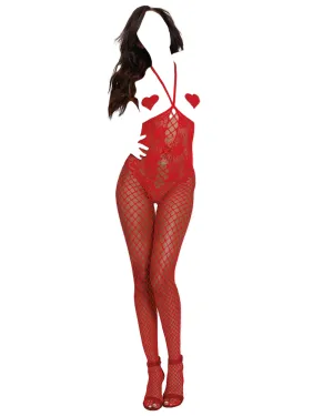 Dreamgirl Open-Cup Bodystocking with Lace Teddy Fishnet Legs & Open Crotch Red