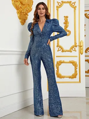 Elegant V Neck Gigot Sleeves Sequin Jumpsuit