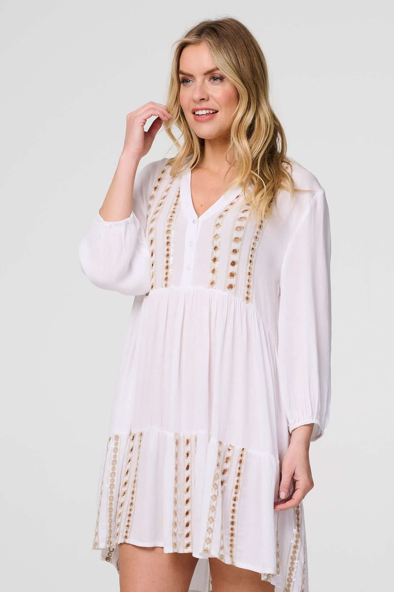 Embroidered V-Neck Tiered Smock Dress