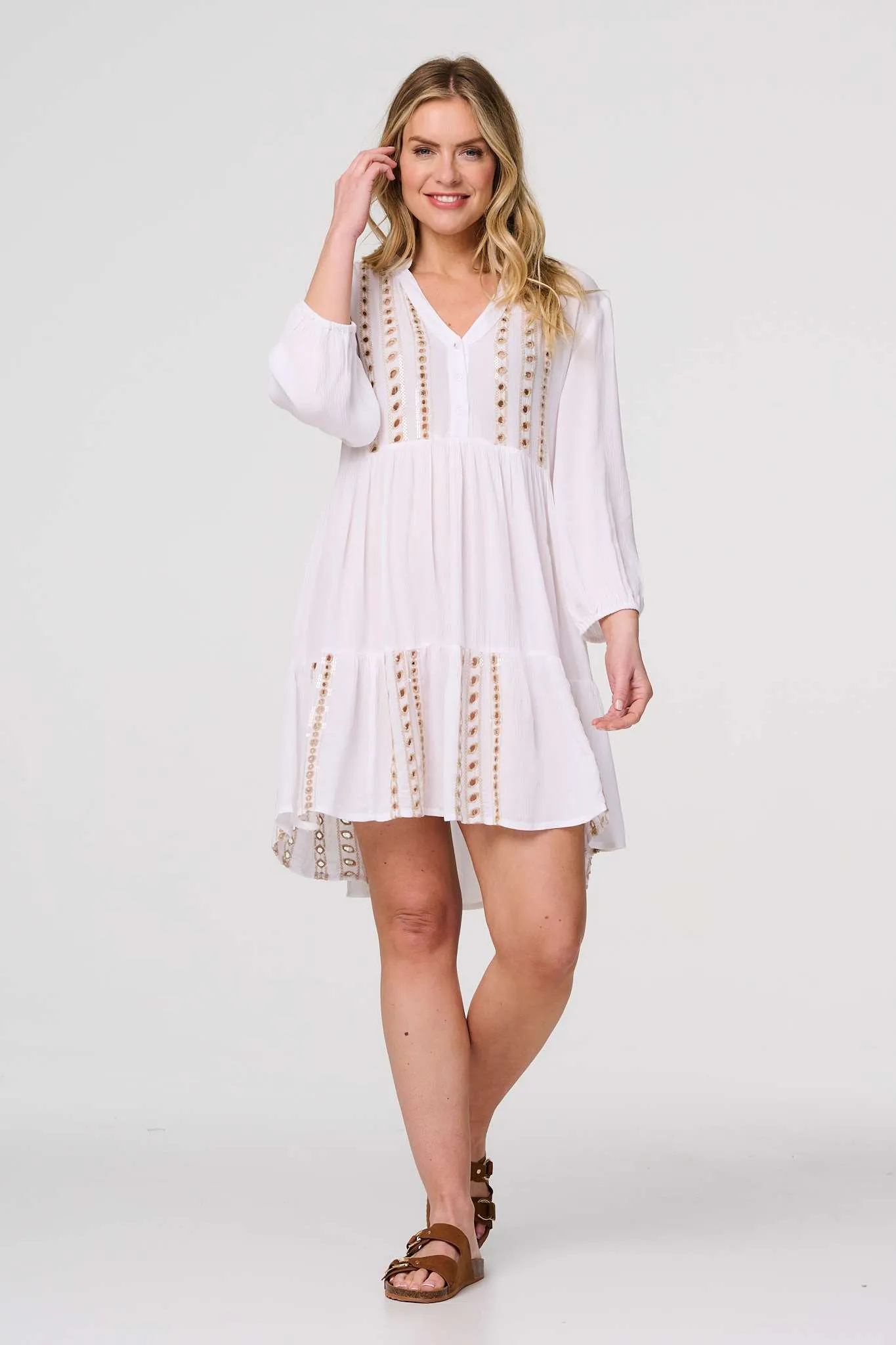 Embroidered V-Neck Tiered Smock Dress