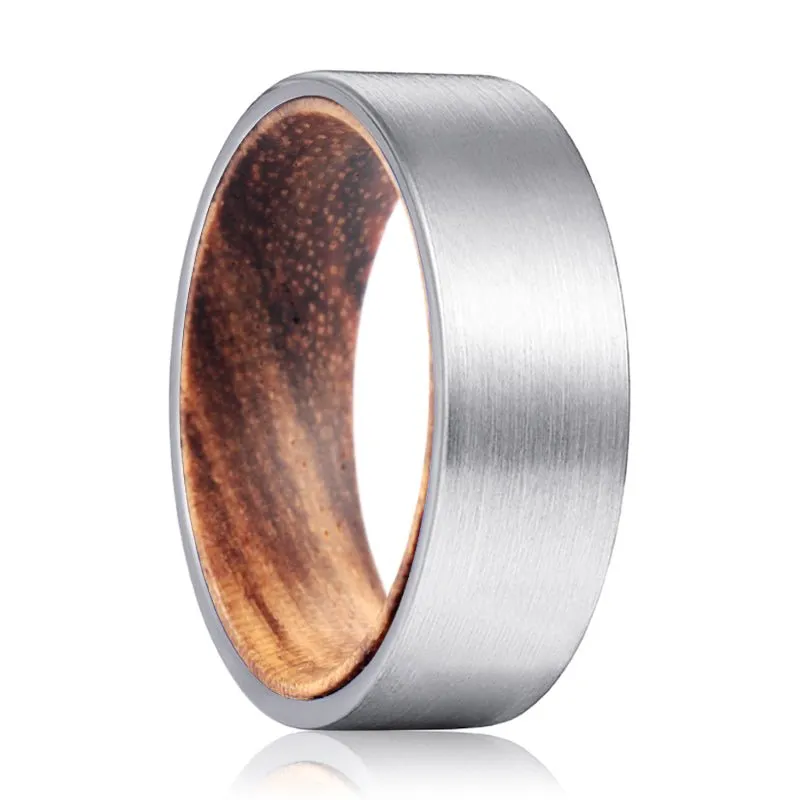 ESCOTT | Zebra Wood, Silver Tungsten Ring, Brushed, Flat