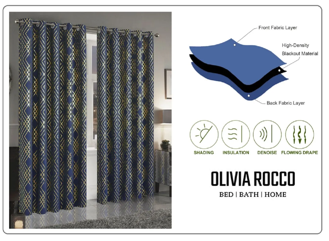 Geometric Blackout Thermal Insulated Curtains with Metallic Foil Print 100% Light Blocking for Living Room and Bedroom by OLIVIA ROCCO